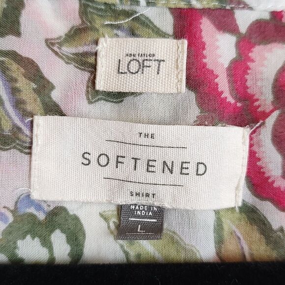 LOFT The Softened Shirt Floral Bell Sleeve Cotton Popover Blouse Top Size L - Picture 2 of 12